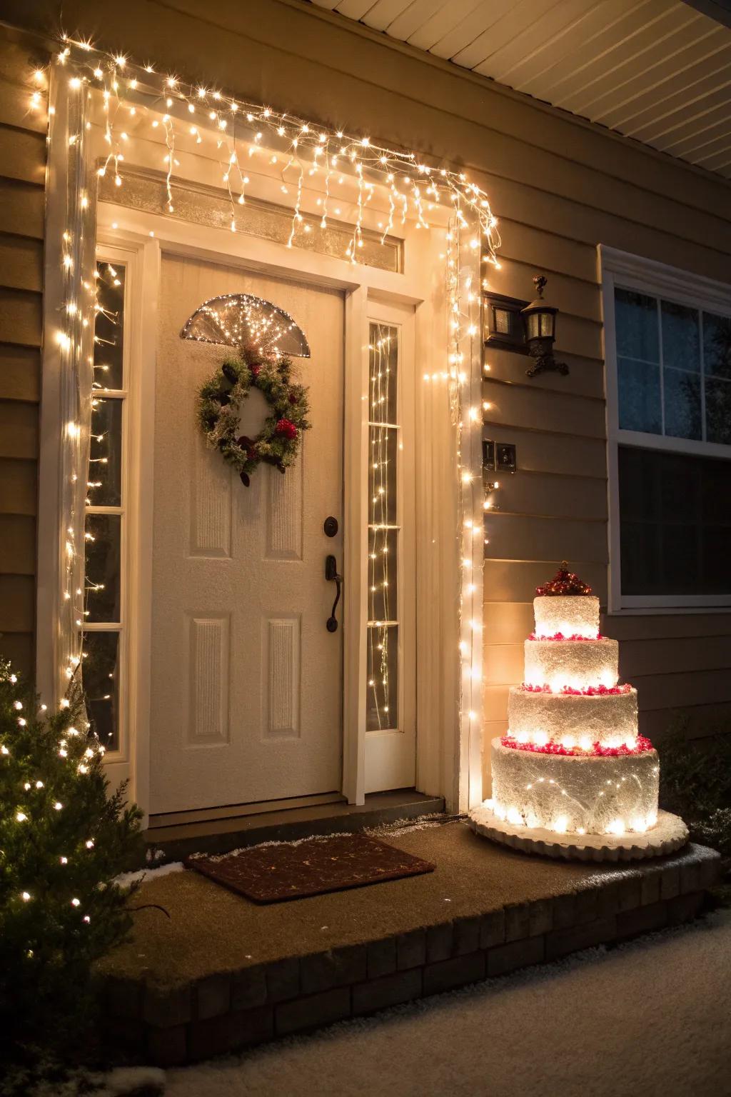 Ivory twinkle lights fashion a magical confectioner's sugar effect around the door.