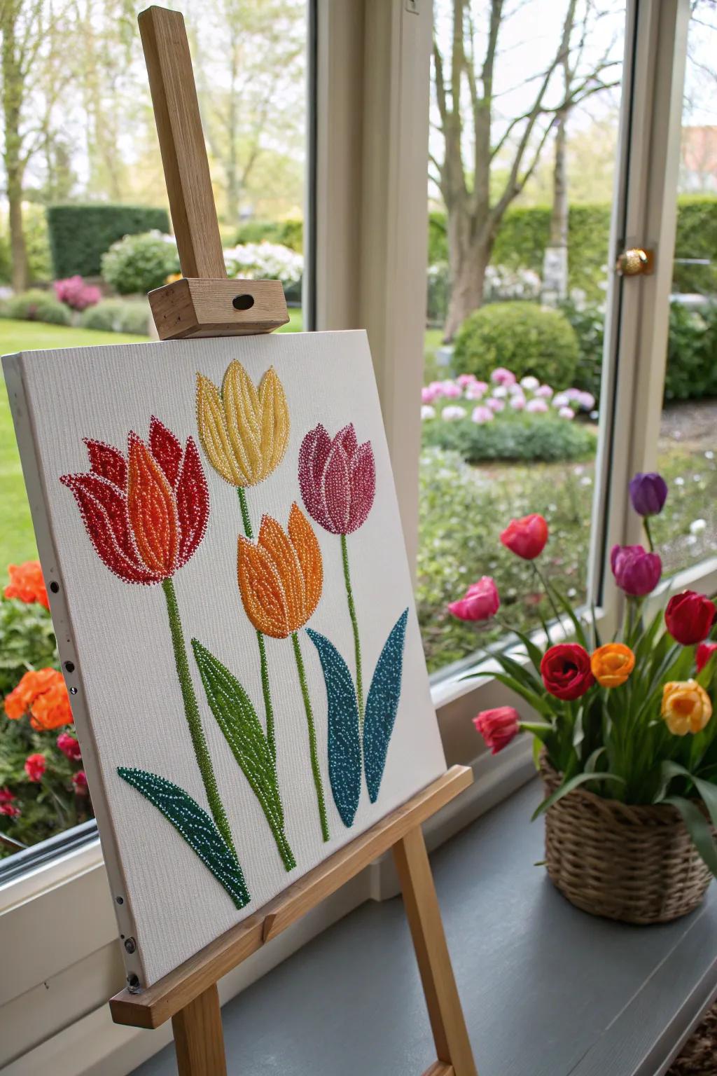 Applicator tip tulip portrayal infuses the garden ambiance indoors.