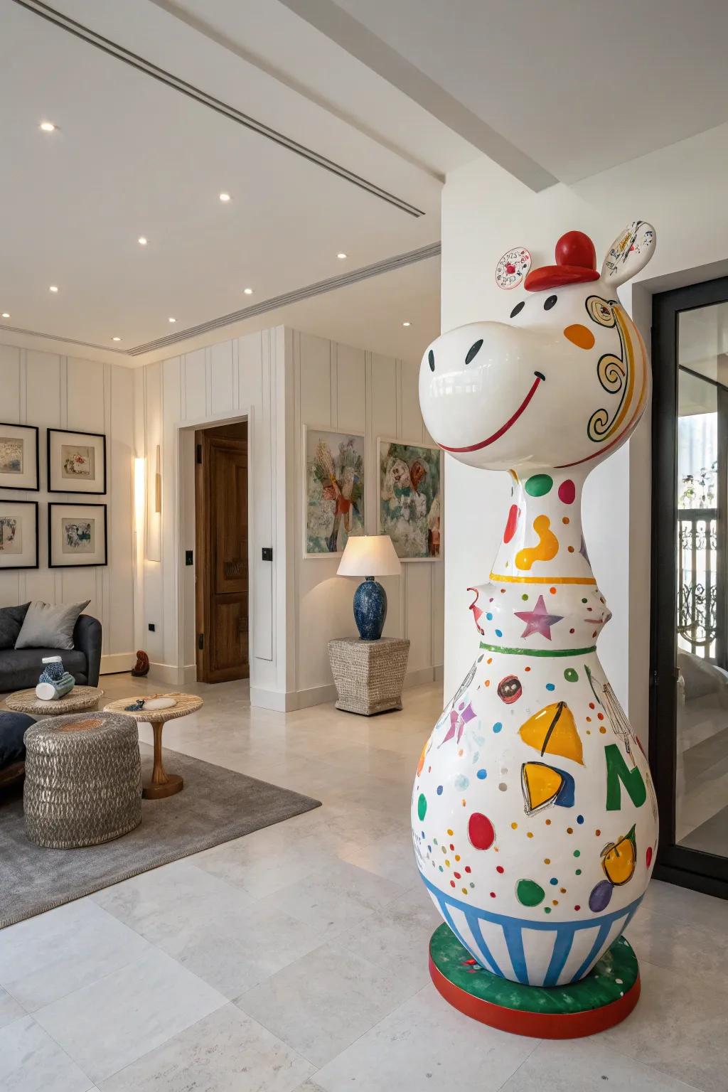 An oversized ceramic sculpture injecting whimsy into the decor.