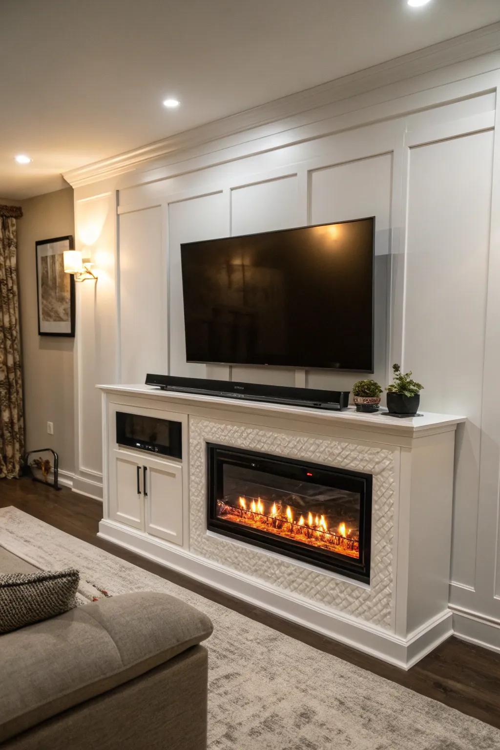 A modern entertainment setup featuring a TV above an electric firebox