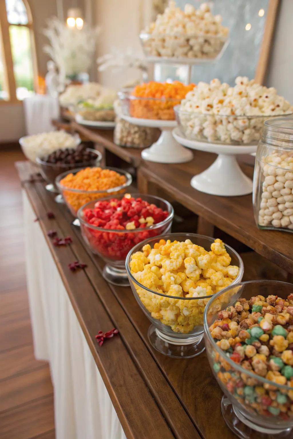 A variety of popcorn add-ons elegantly arranged in small glass bowls for attendees to customize.