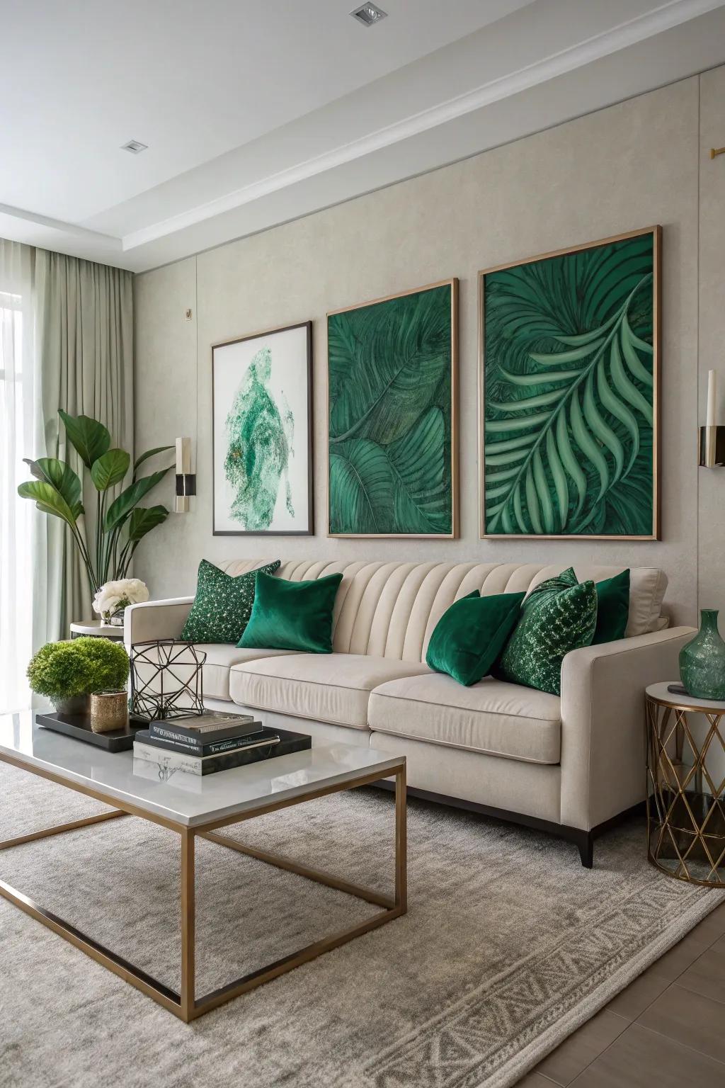 Prominent artistic pieces enhancing the deep green aesthetic.