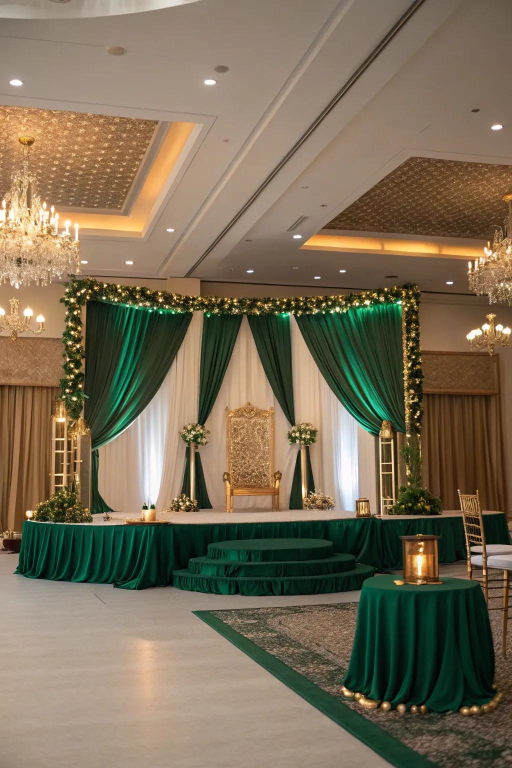 A wedding venue altered with an emerald green theme.