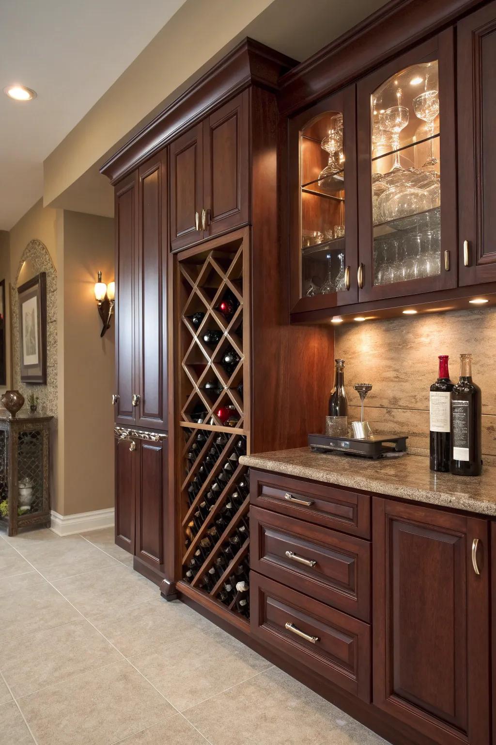 Maintain a refined arrangement of your wine collection with an elegant built-in wine display.