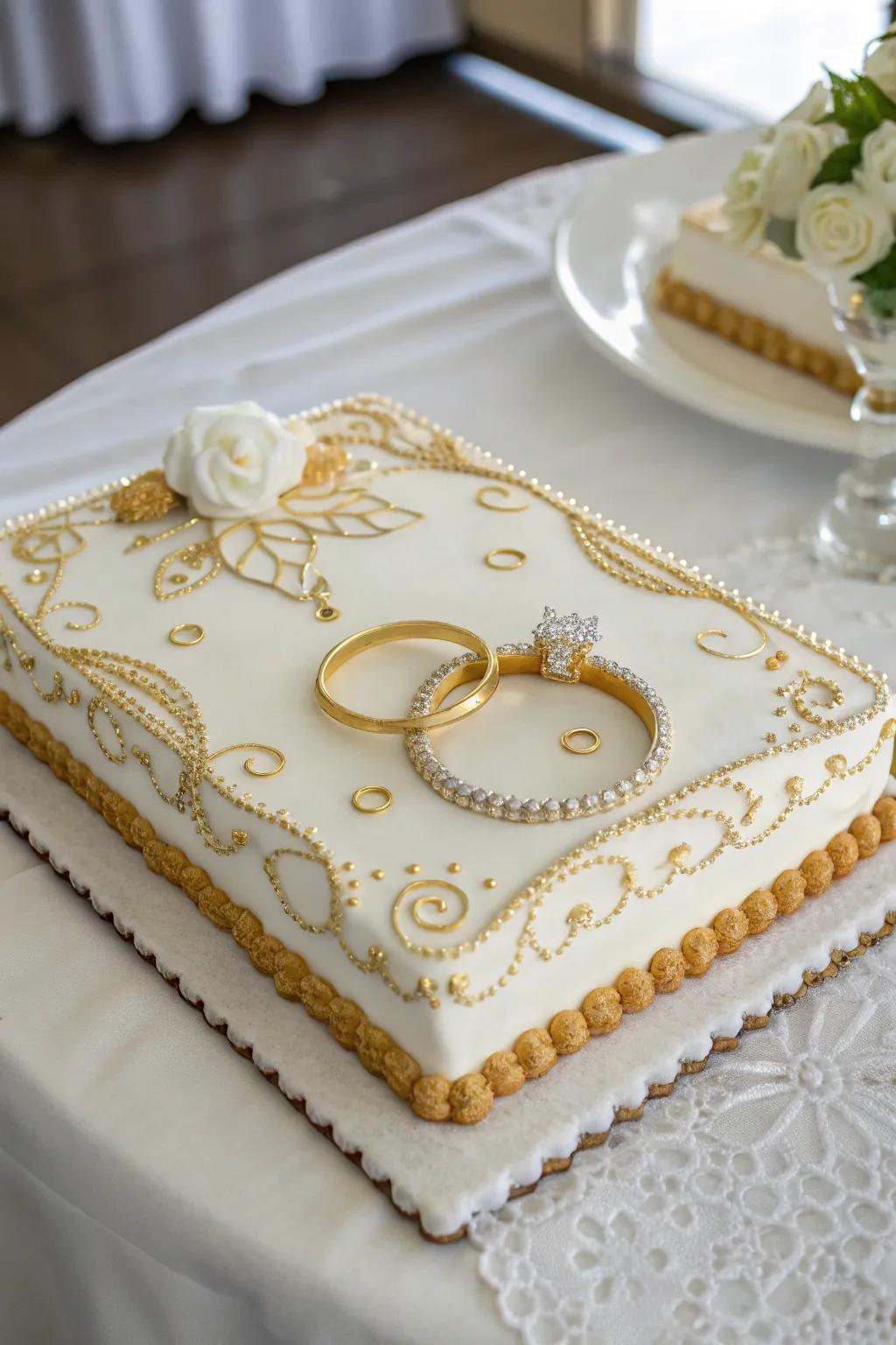 A ring-themed engagement sheet cake enhanced with gold features.