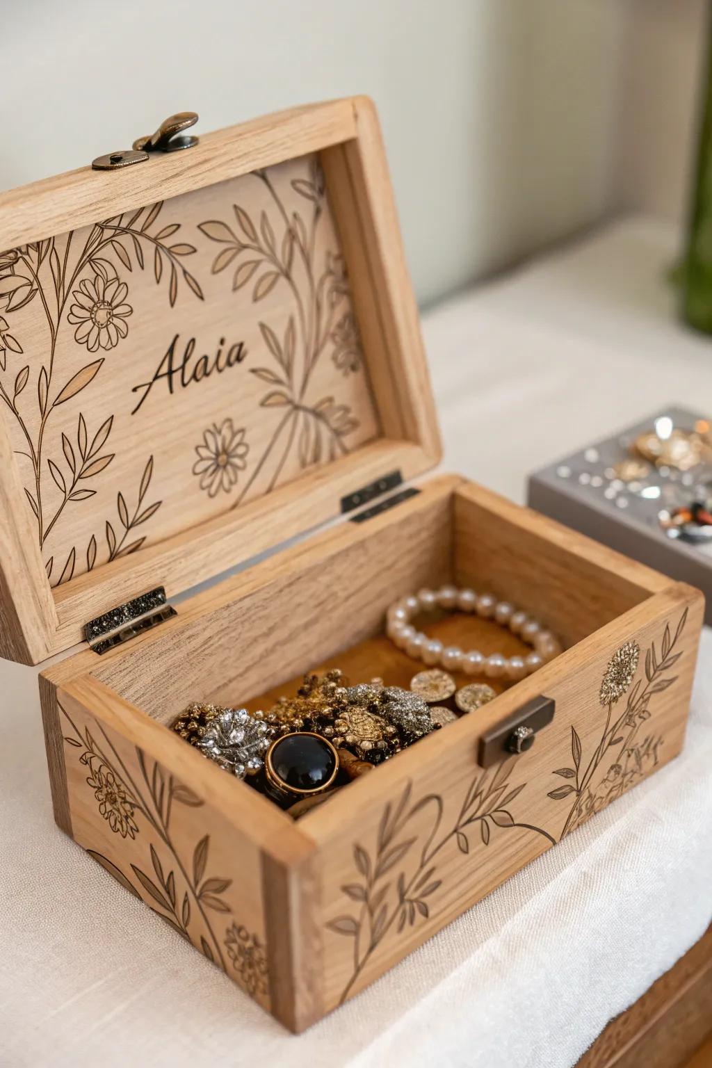 An engraved jewel safe is both a functional and ornamental item suitable for any dressing table.