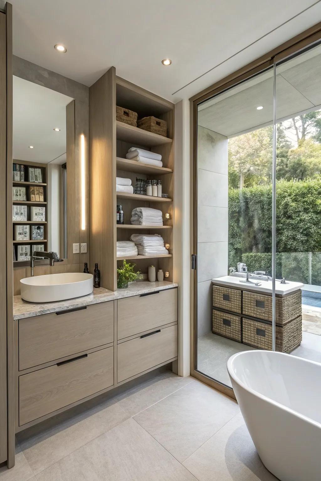 Clever storage keeps your attached bathroom tidy and orderly.