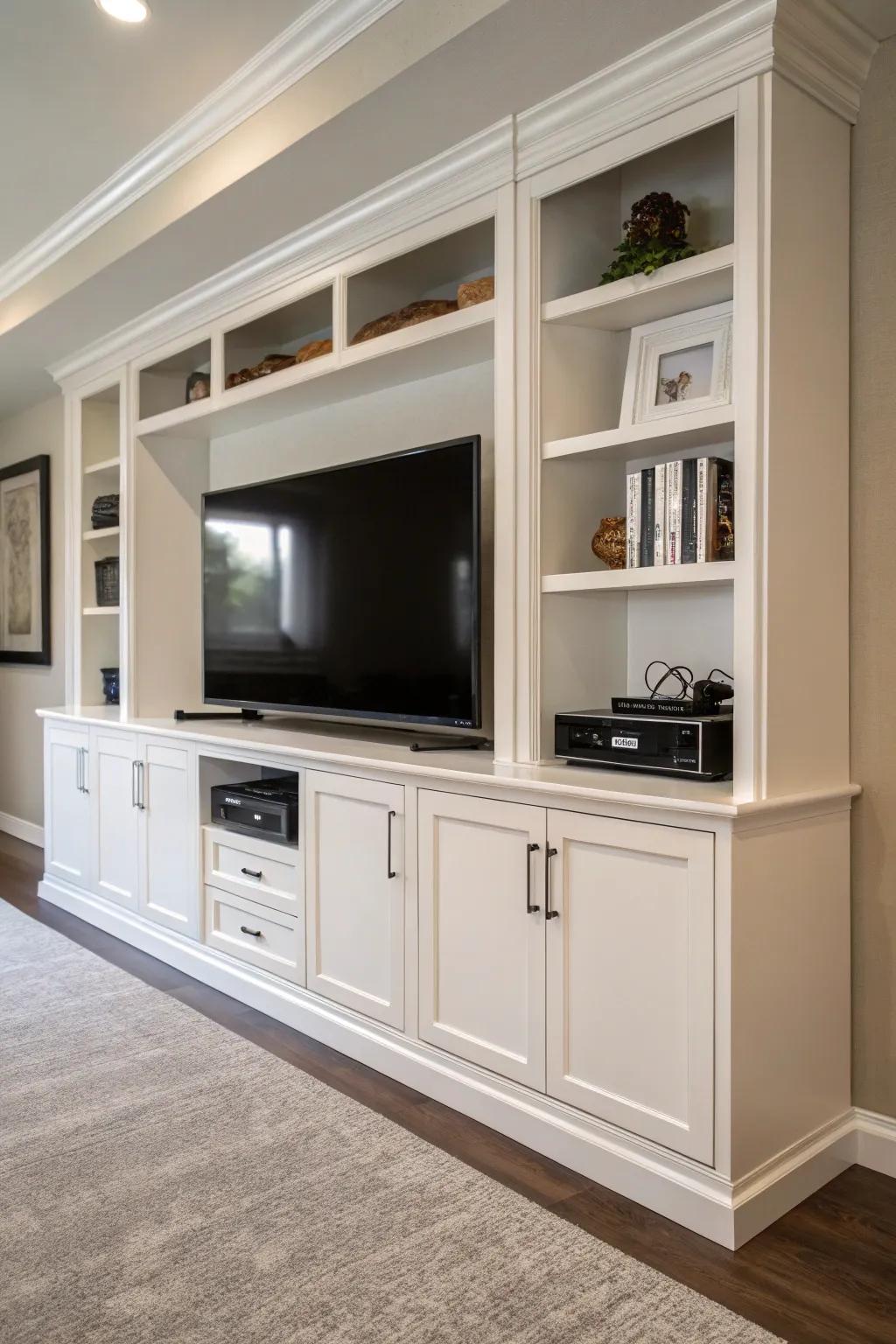 An entertainment center featuring intelligent storage through built-in cabinets.