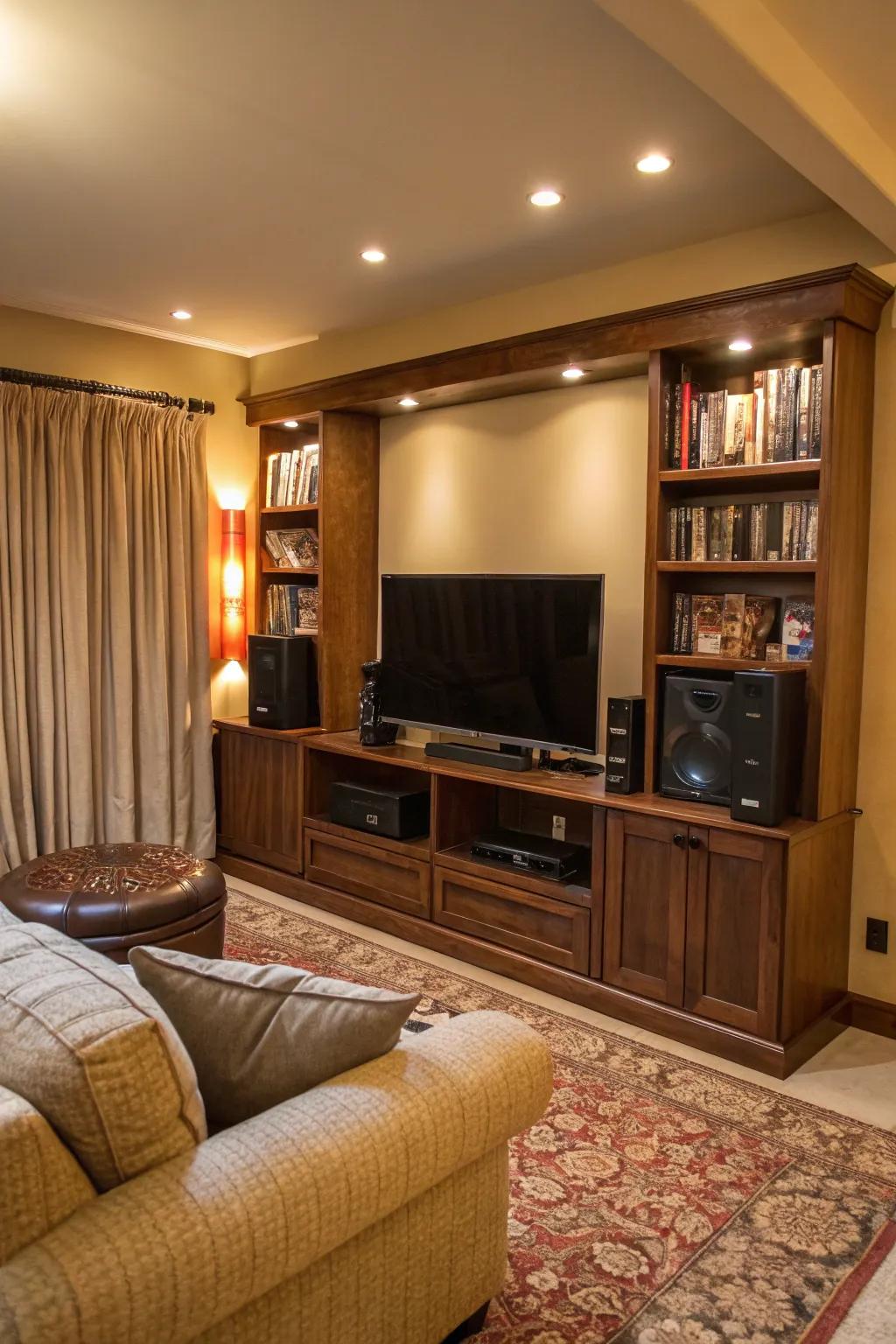 An entertainment center smoothly integrated into the living room's design.