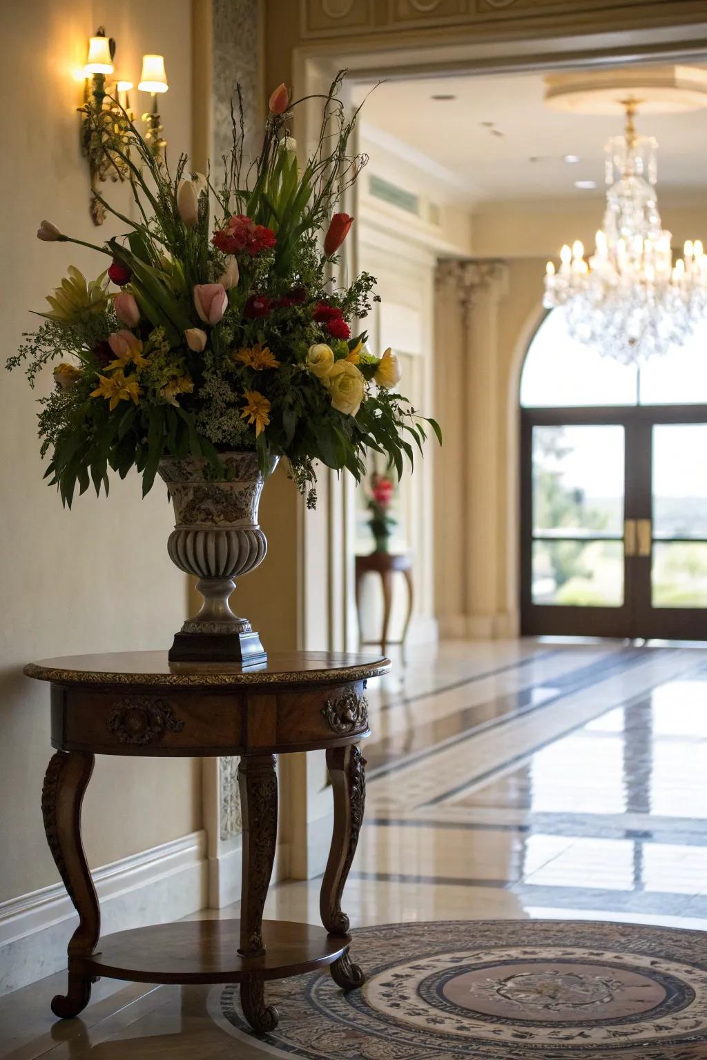 Fresh flowers inject a hint of nature and sophistication into the foyer.
