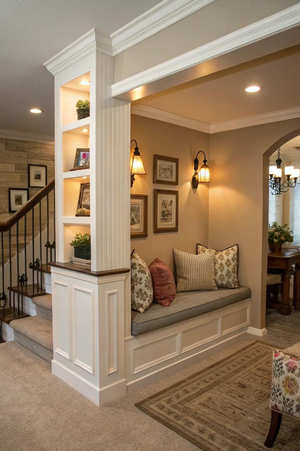 A partial wall utilized as a screen to form an intimate entryway nook.
