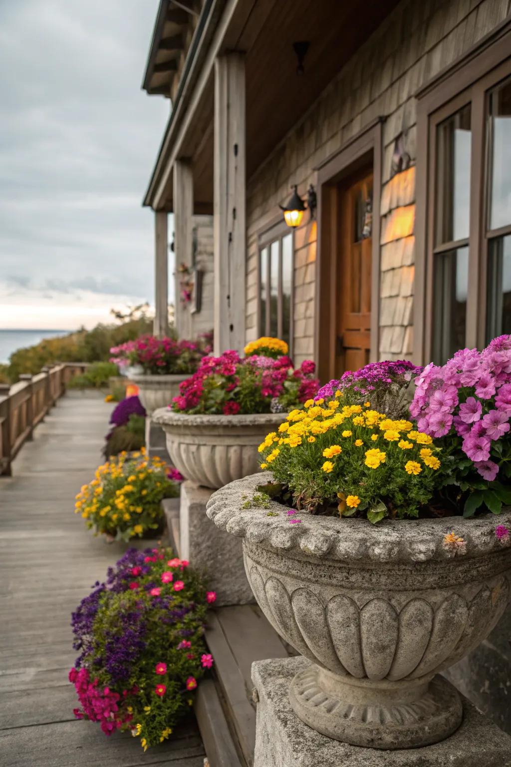 Lively flowers in stone boxes inject vitality and color into this welcoming porch.