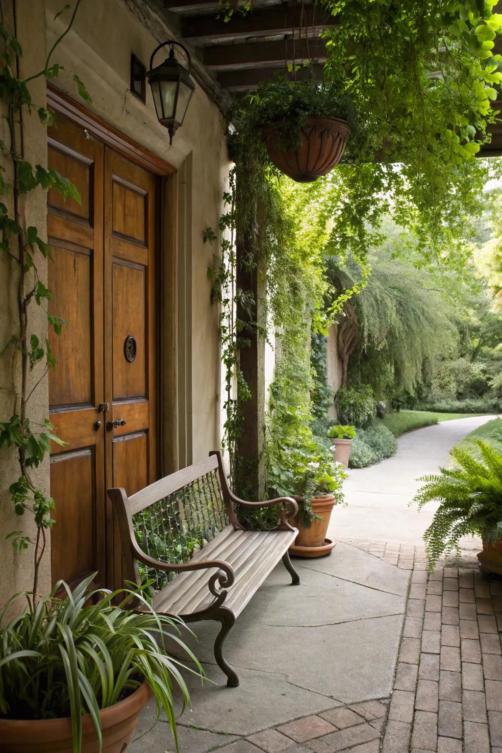 Potted plants and trailing vines add vitality to this entryway bench setting.