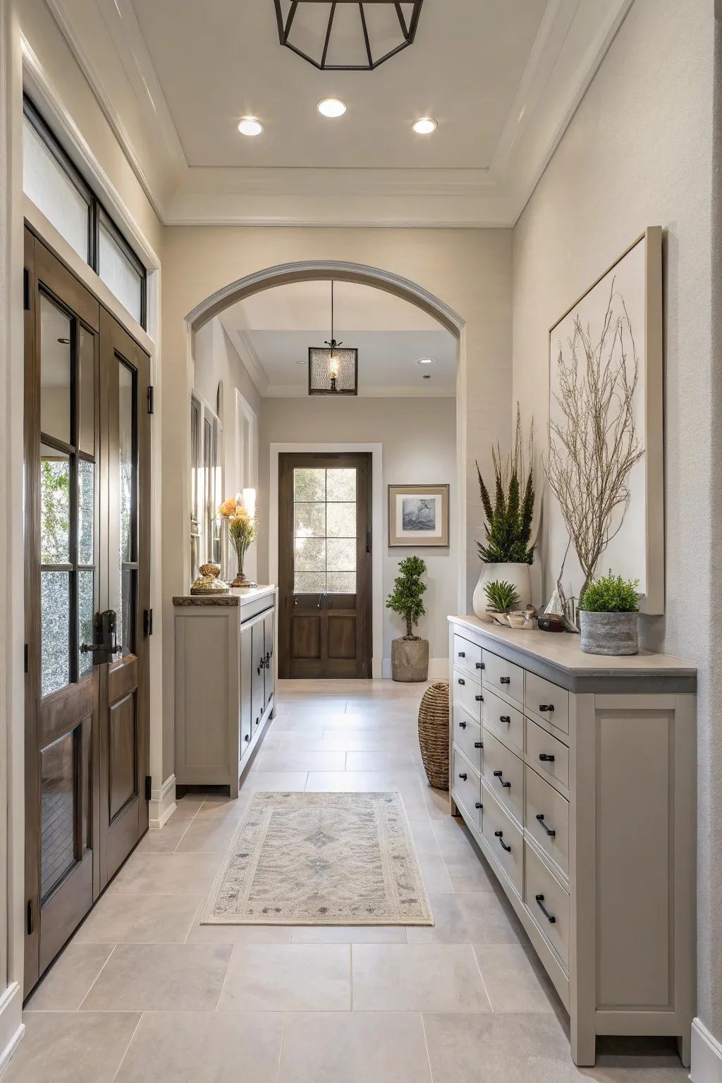 Matching finishes create a seamless and cohesive look in your entryway.
