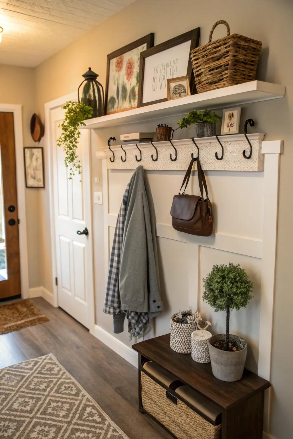 Combine elegance and function with a floating shelf and hooks.