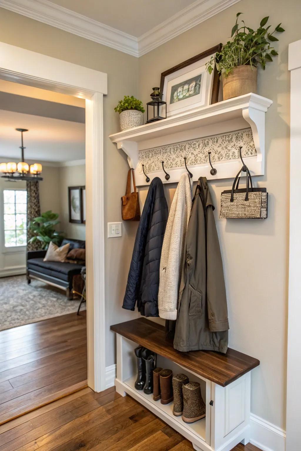 A hook arrangement maintains organized and readily accessible essentials.