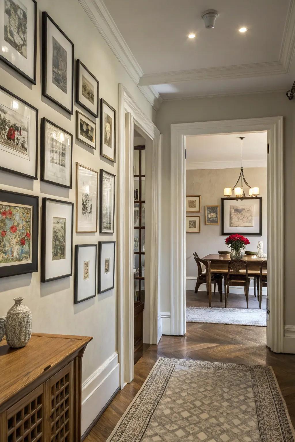 A picture wall adds personal charm to the area.