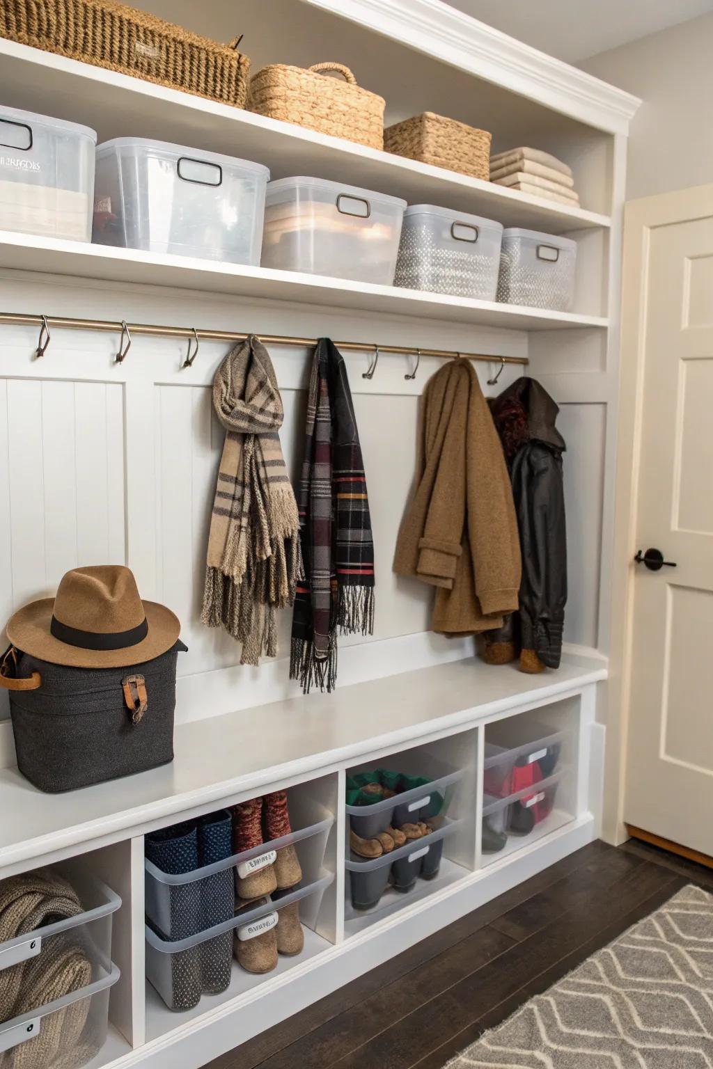 Transparent bins maintain visibility and order within this mudroom.