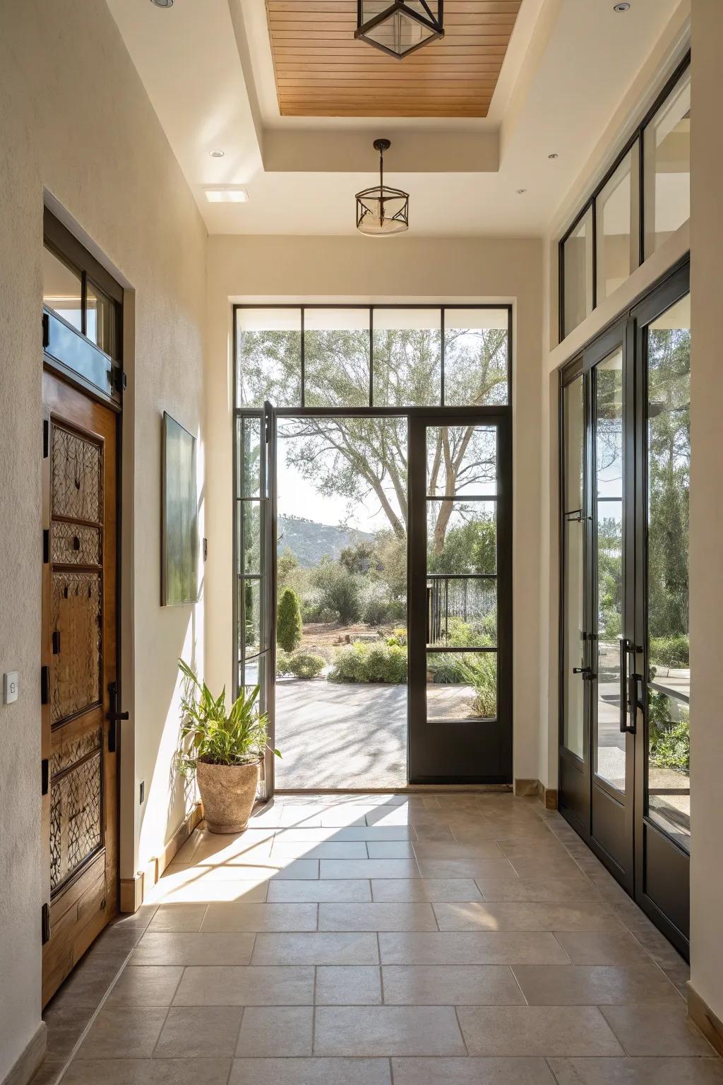 An entrance featuring glazed doors that permit sunlight to engender a contemporary and airy aesthetic.