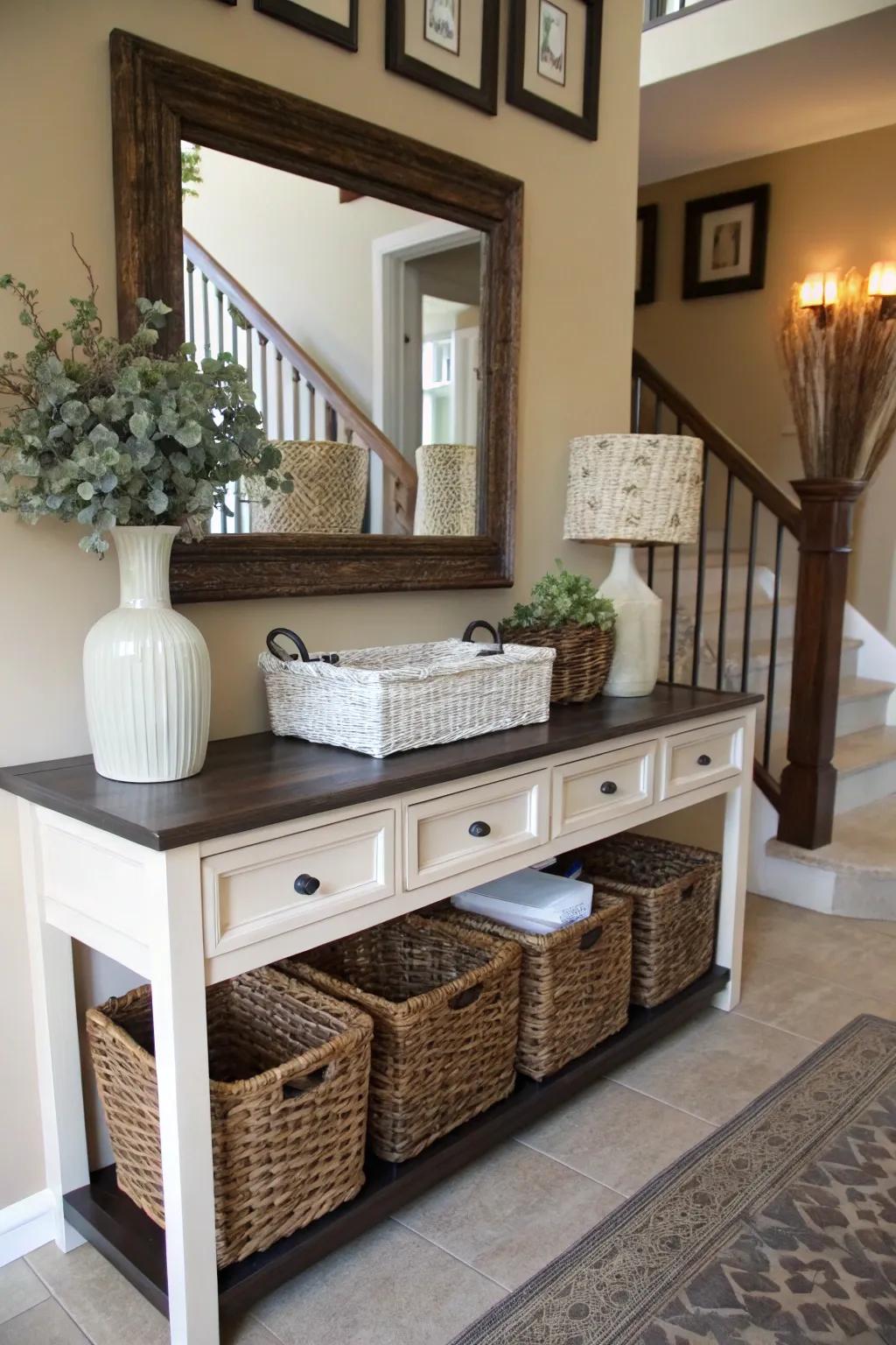 Elegant baskets and containers for organizing entryway essentials.