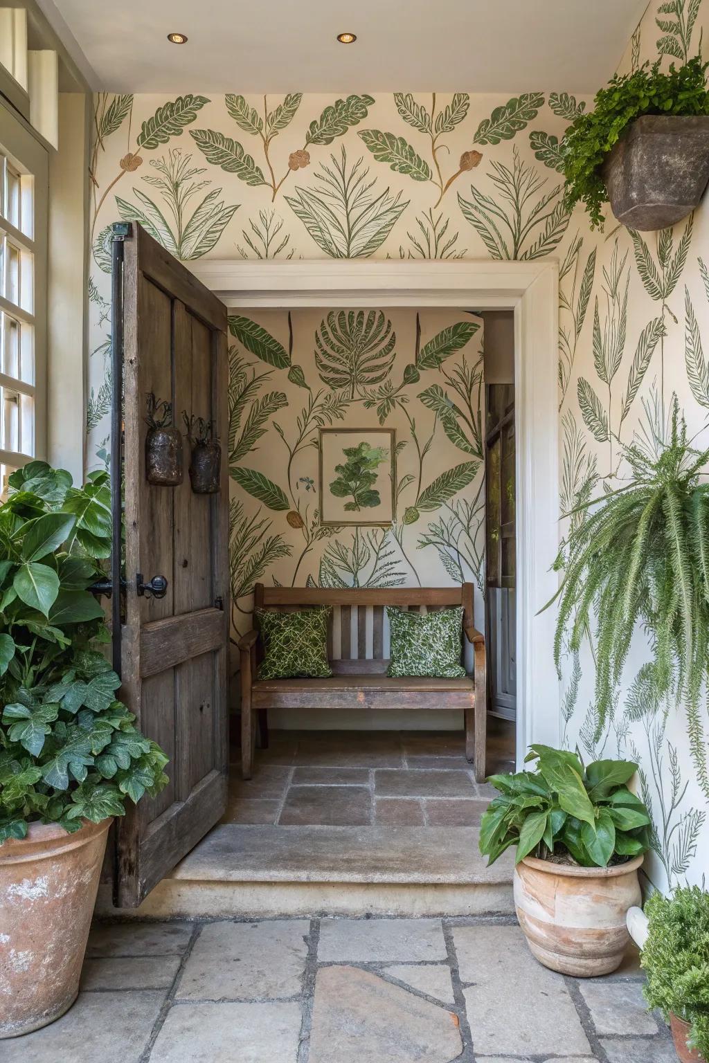 A peaceful entryway featured nature-inspired wallpaper, crafting a serene vibe.