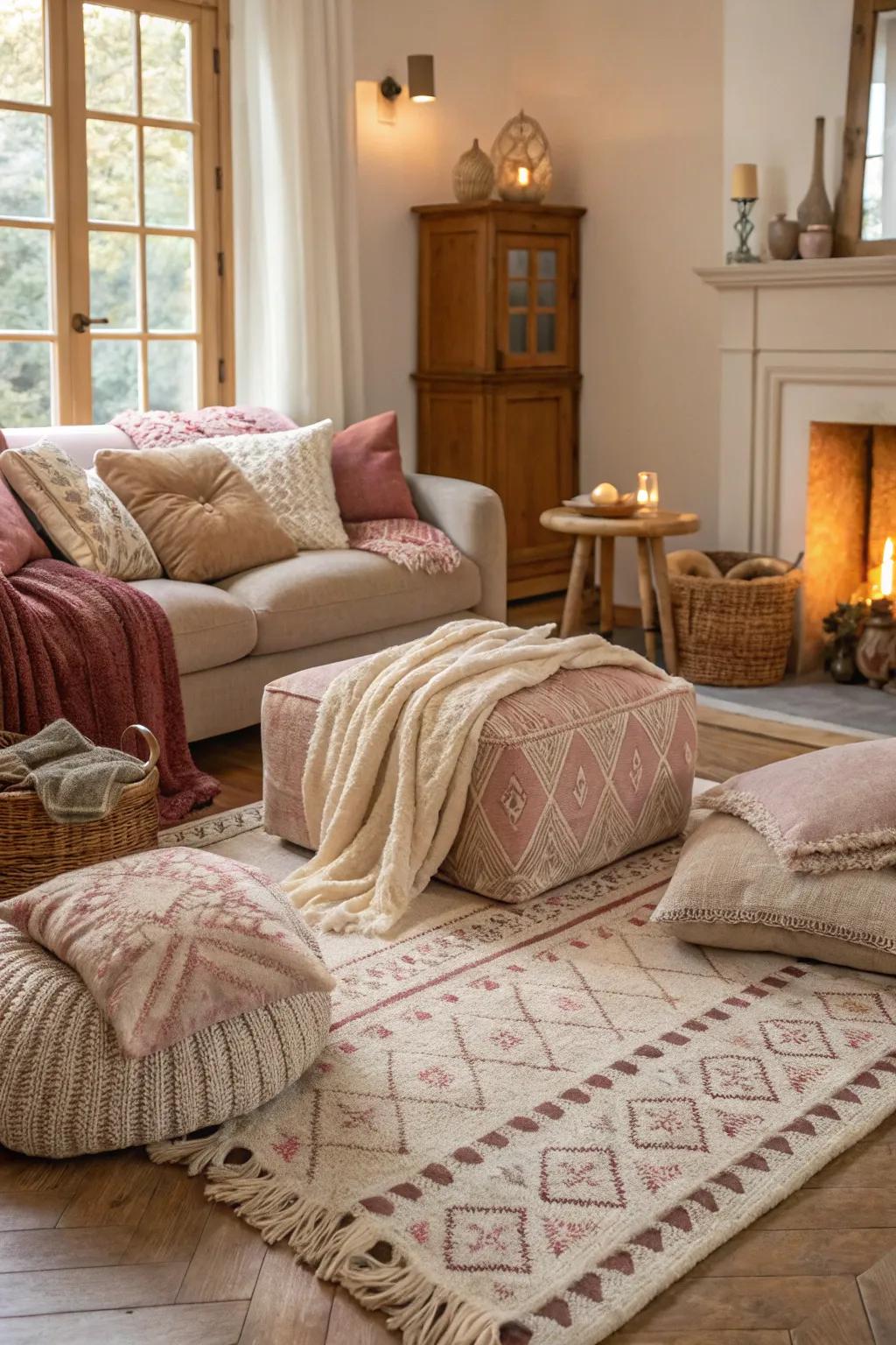 Delicate materials provide warmth and comfort to this European-style living area.