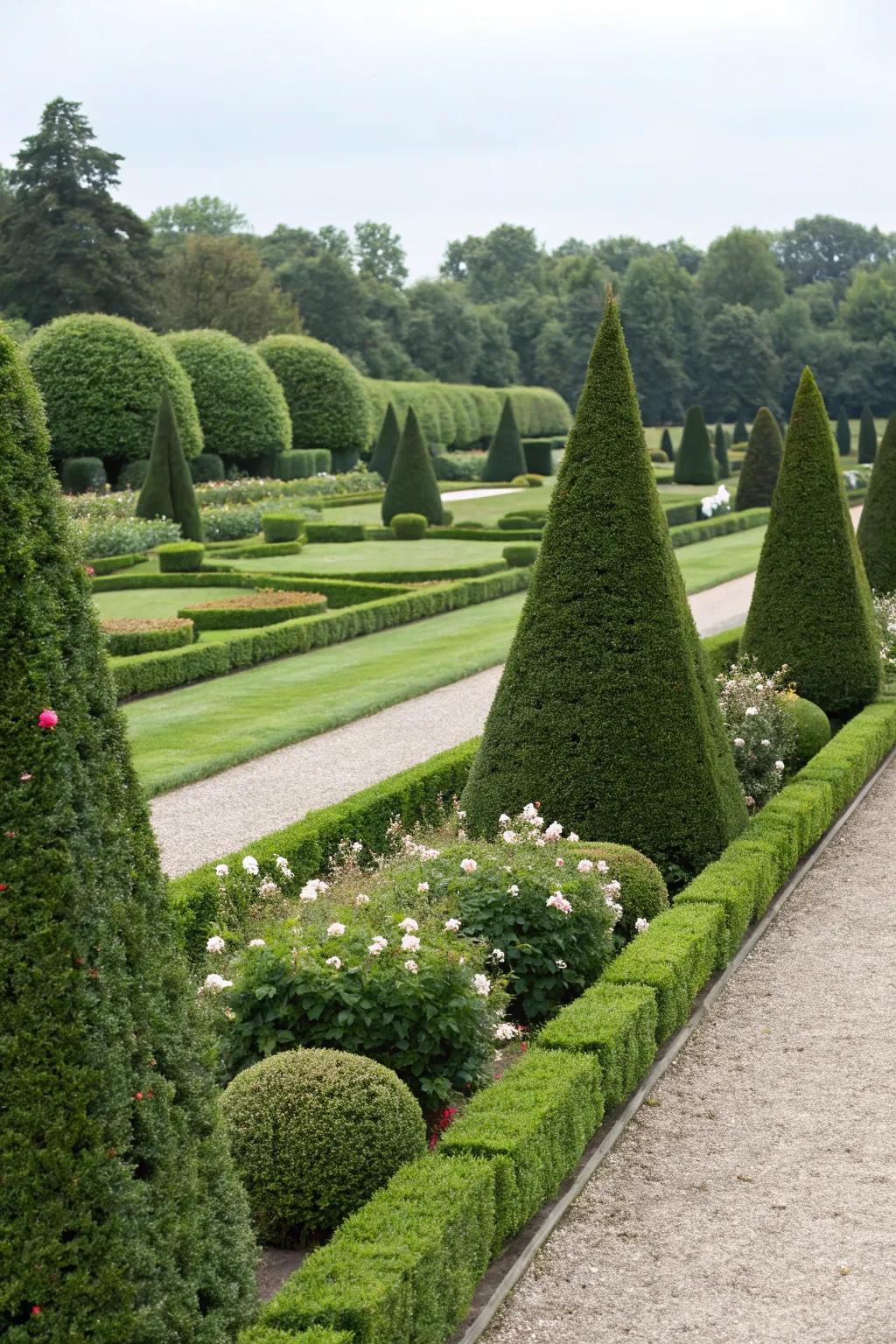 An elegant garden design featuring symmetrical clipped shrubs and topiary.