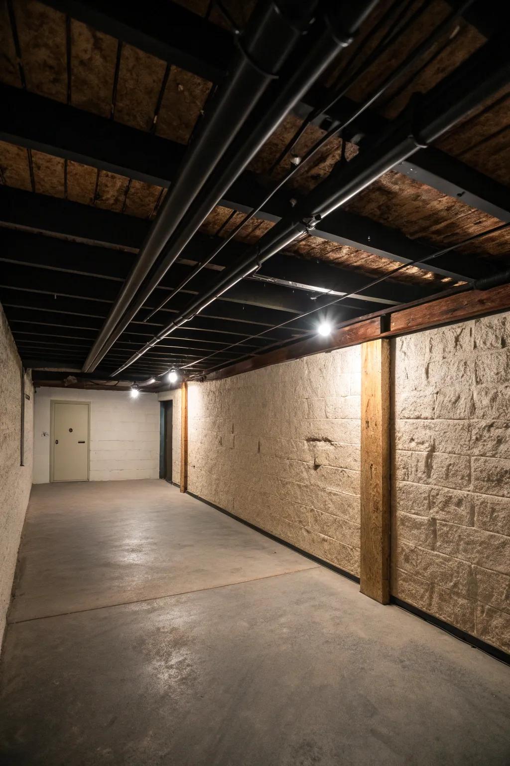 Cultivate visual interest using opposing hue and surface in your basement's design.