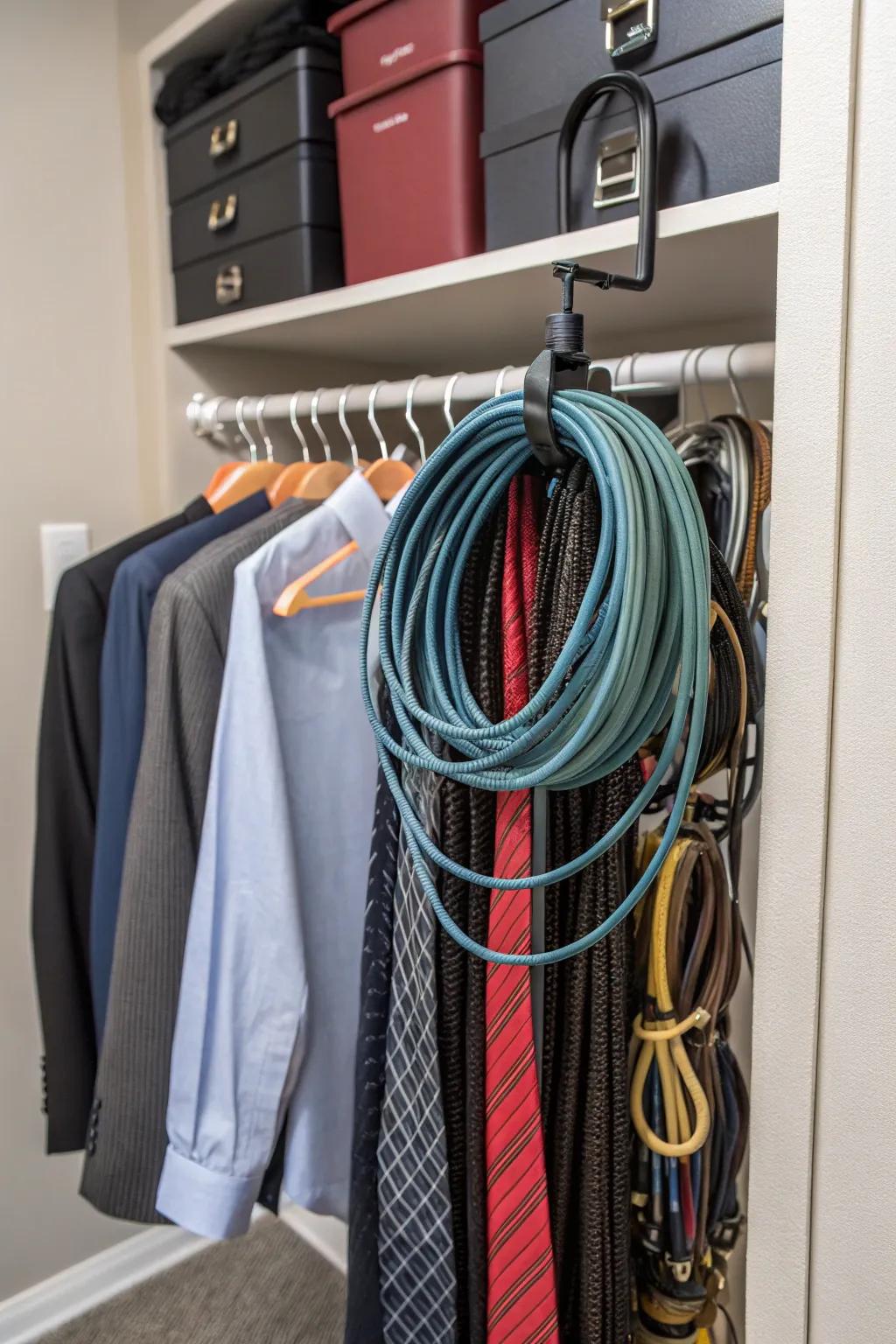 Repurpose a tie rack for organized and tangle-free lead storage.