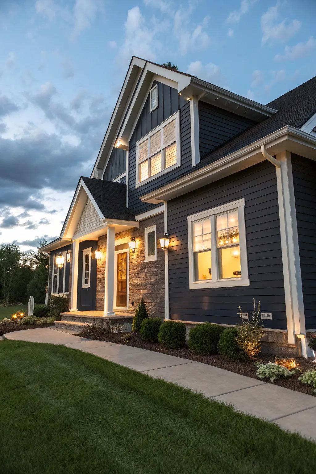 Contrasting cladding and trim for a dynamic exterior.