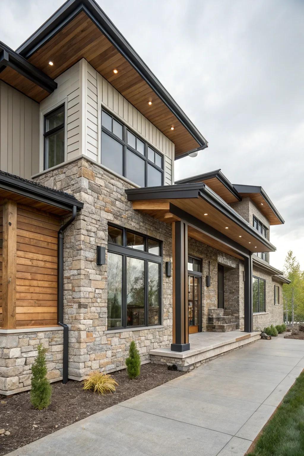 Mixed materials produce a vibrant and visually appealing home exterior.