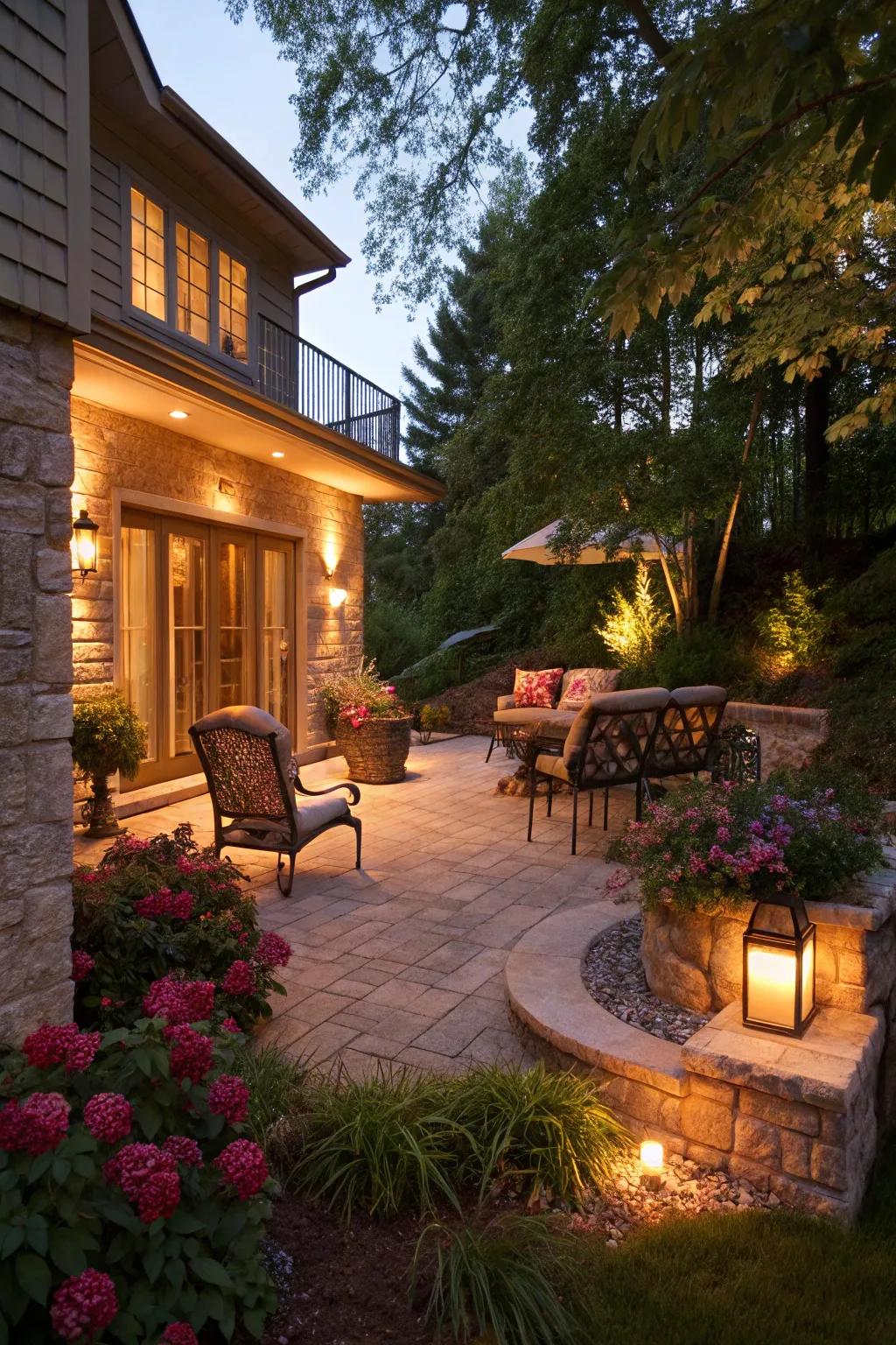 Warm exterior lighting establishes a cozy vibe on a walkout basement deck.