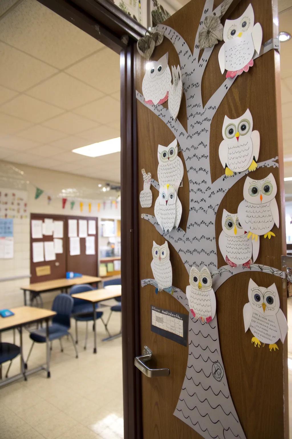Owl-themed entrance decor with student quotes.