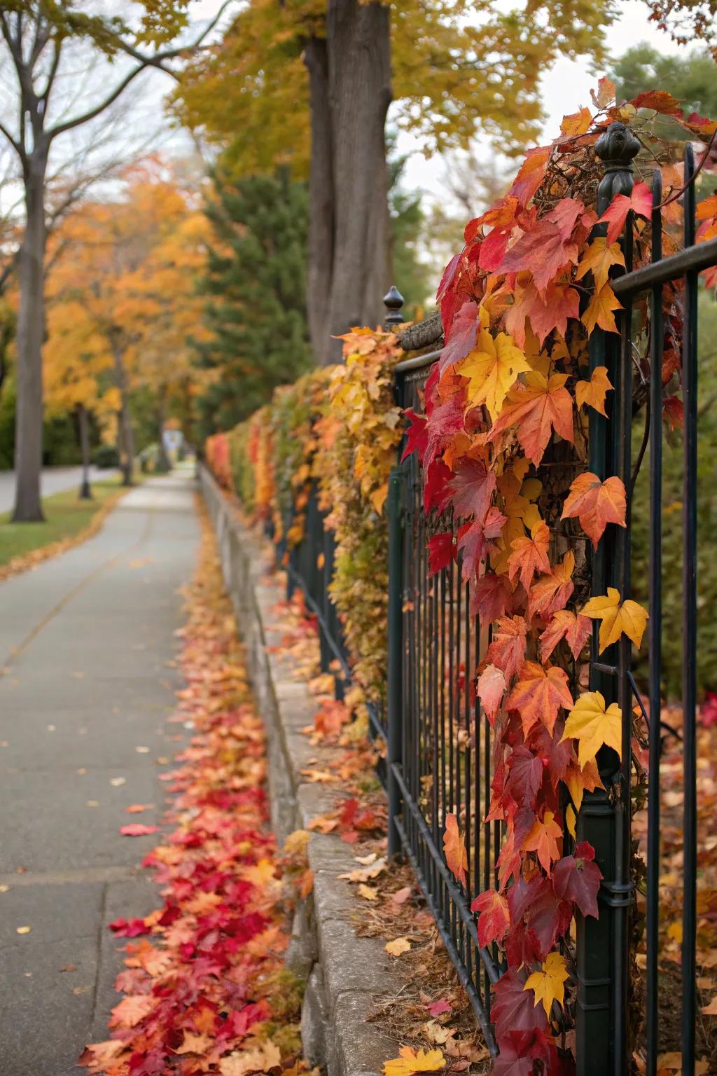 Wreaths of autumn foliage exquisitely embellish a fence.