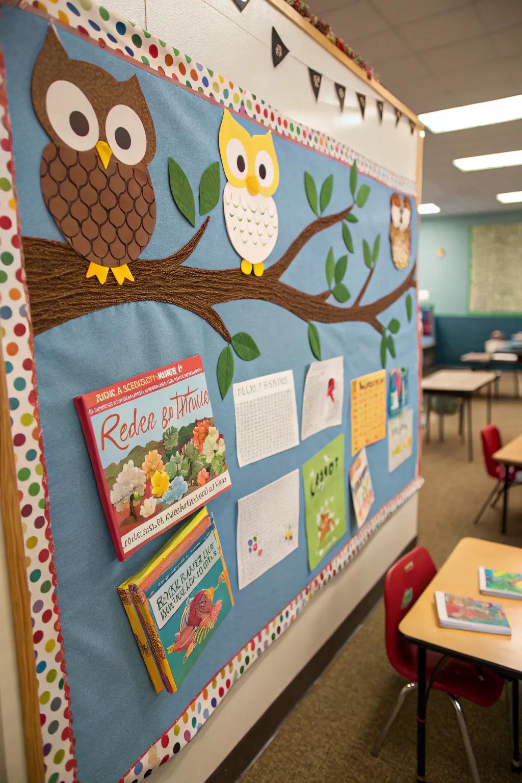 A fanciful owl-themed bulletin board celebrating reading.