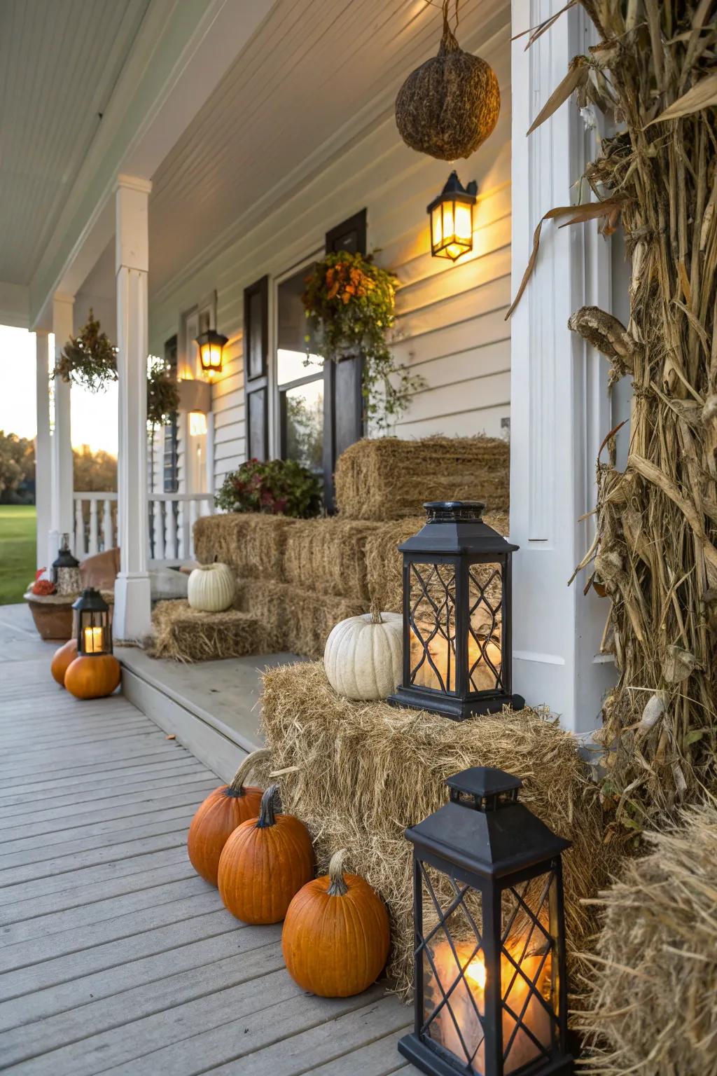 Unrefined straw blocks and corn stalks offer a charming backdrop for autumnal aesthetics.