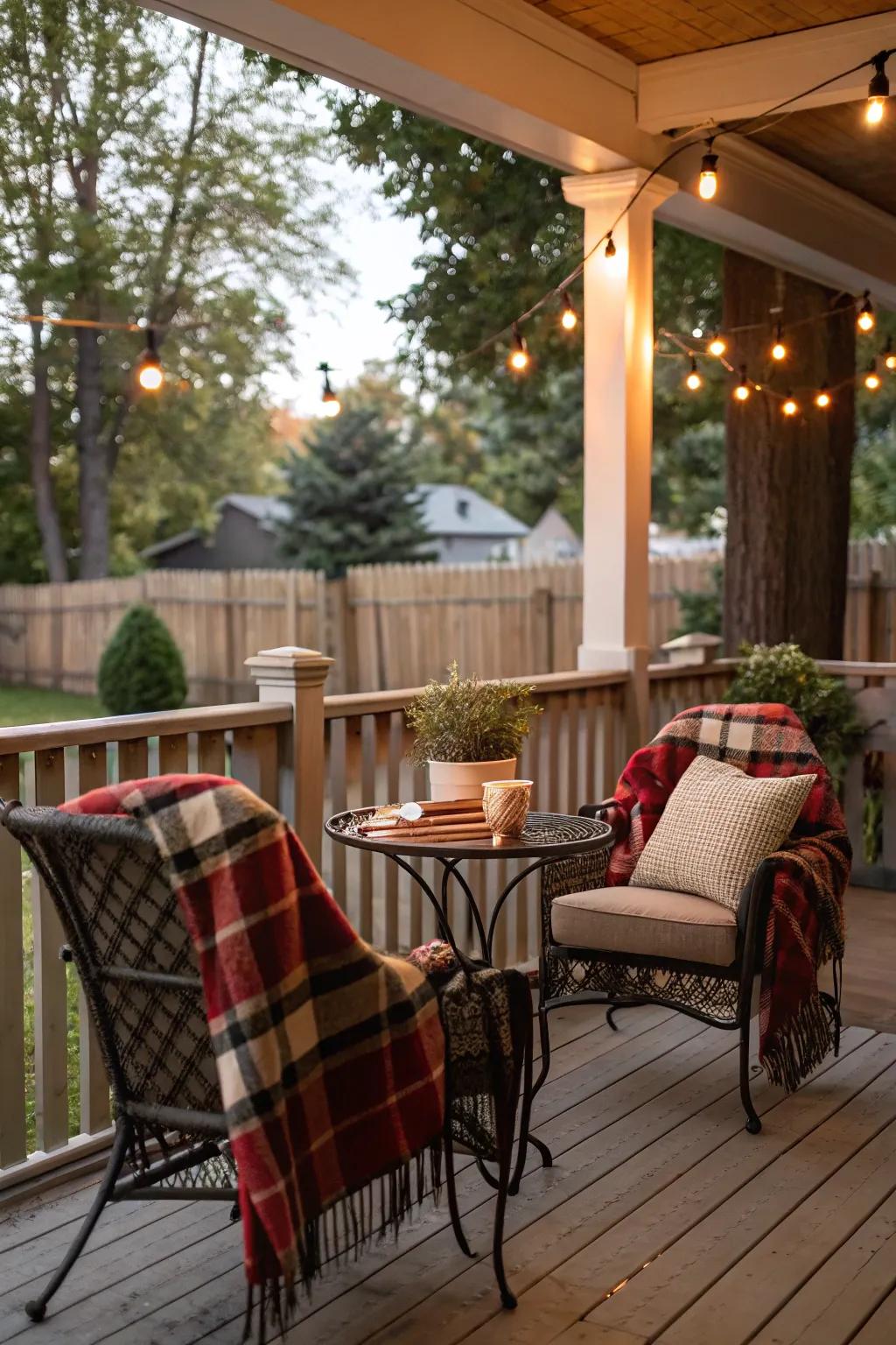 Crosshatch materials impart a comforting sensation to your autumn porch furnishings.
