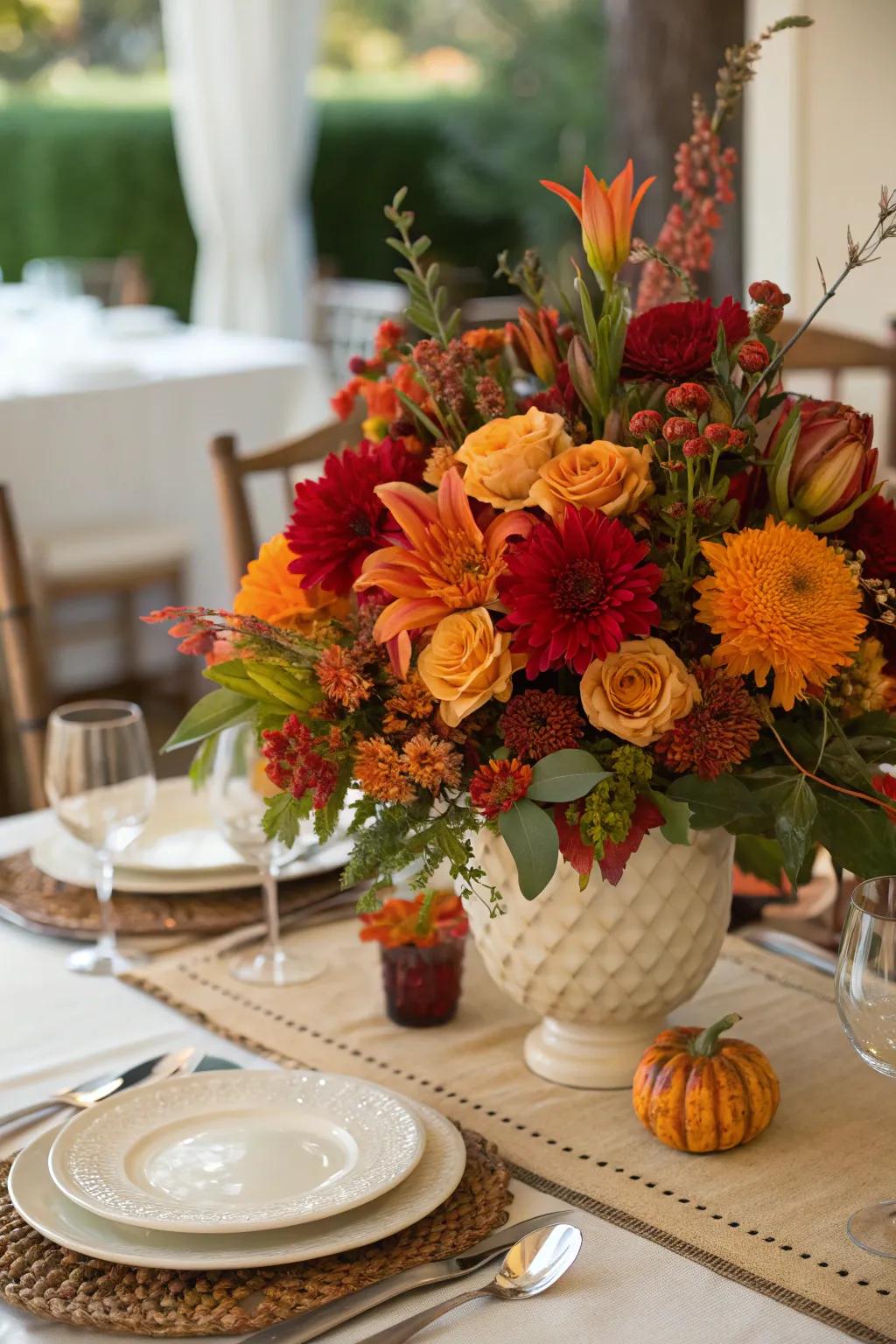 Contribute coziness through a mixture of newly cut and simulated autumnal blossoms.