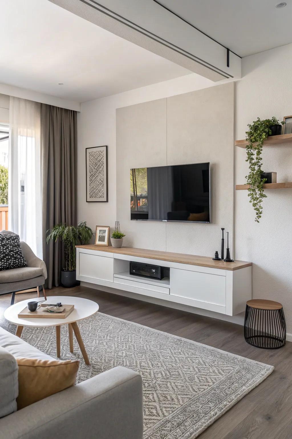 A minimalist floating console keeps the TV area elegant and uncluttered.