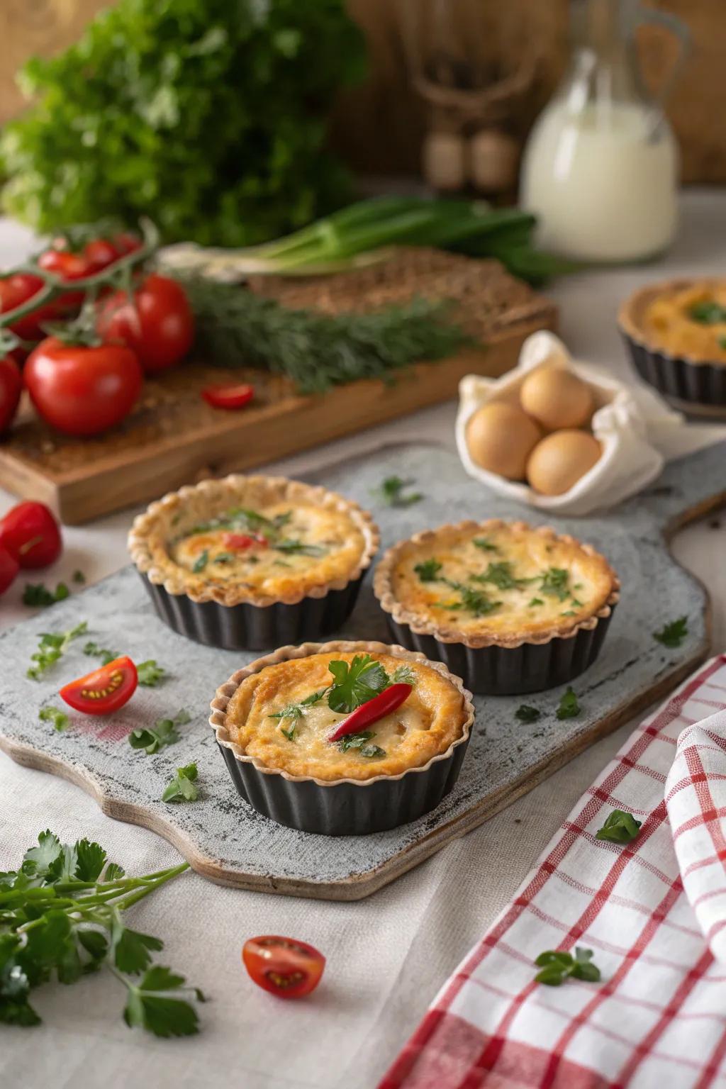 Mini quiches present an enjoyable and practical method for relishing breakfast.