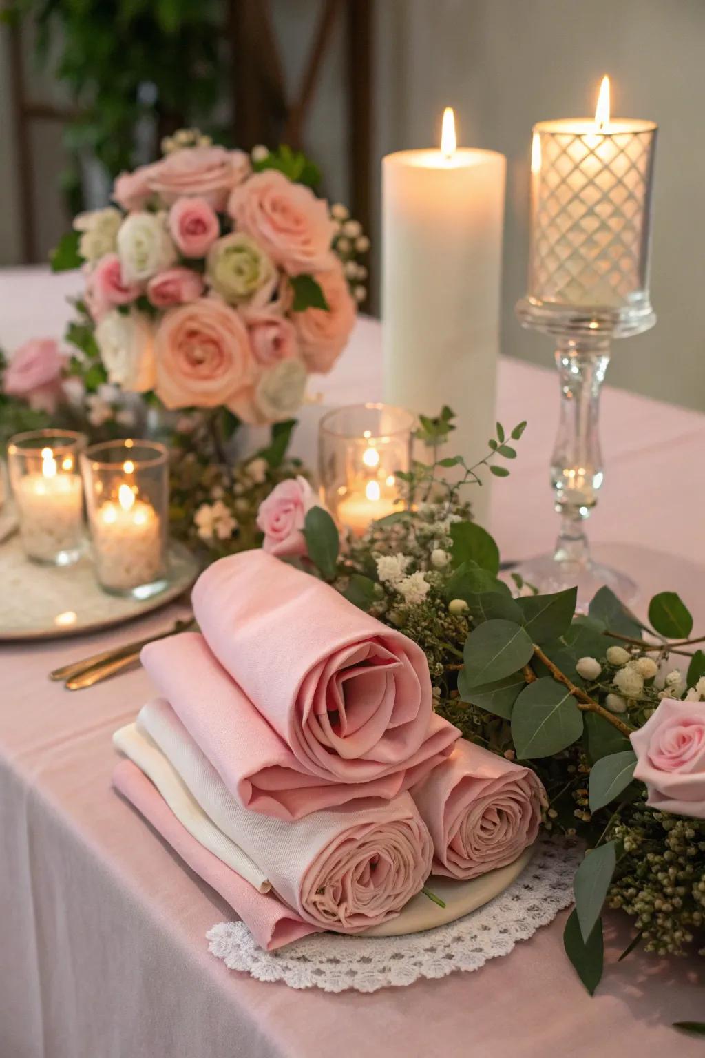 Flower-folded napkins create a love-filled mood.