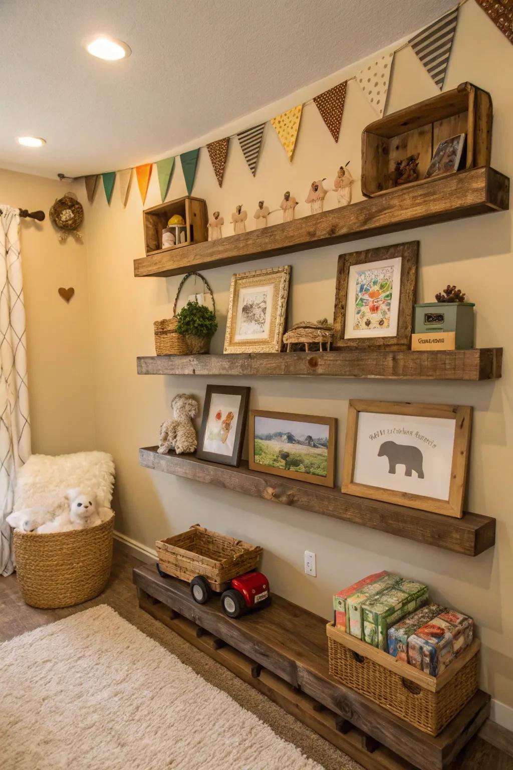 Natural wood introduces warmth and texture to a farm animal nursery.