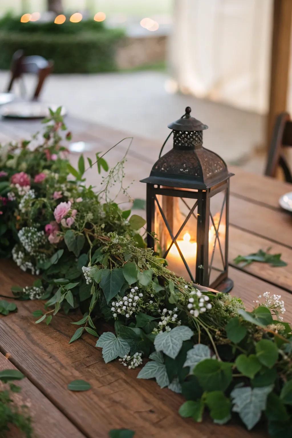 A vintage lantern encompassed by greenery adds a snug glow.