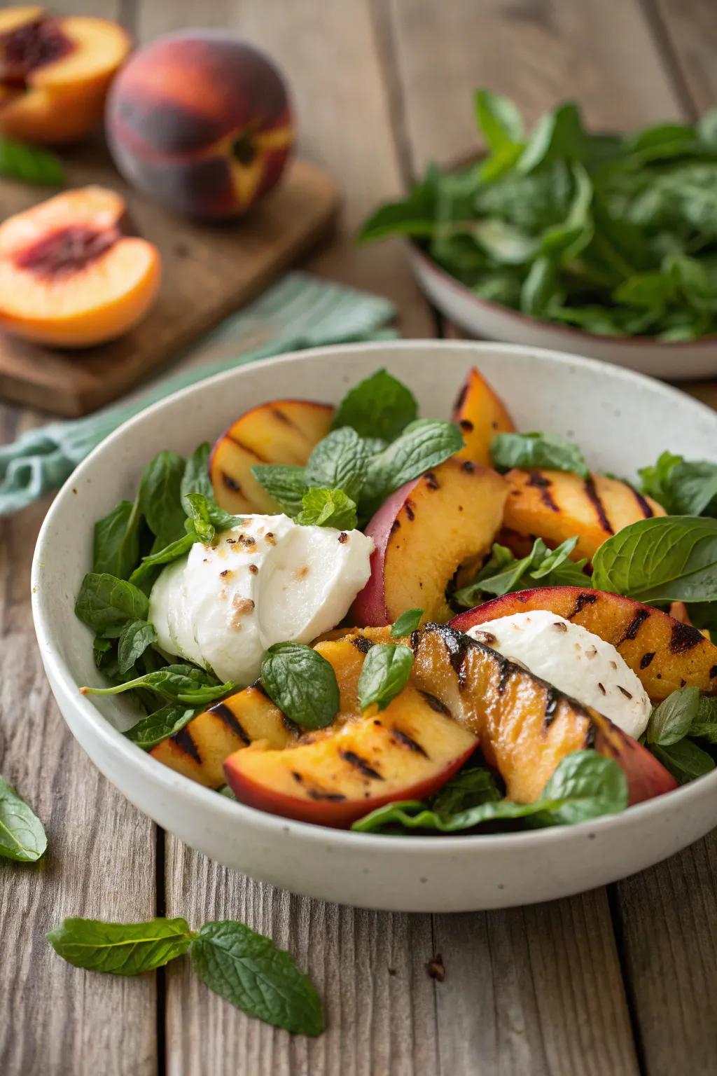 Grilled peach and burrata salad, a delightful marriage of sweetness and creaminess.