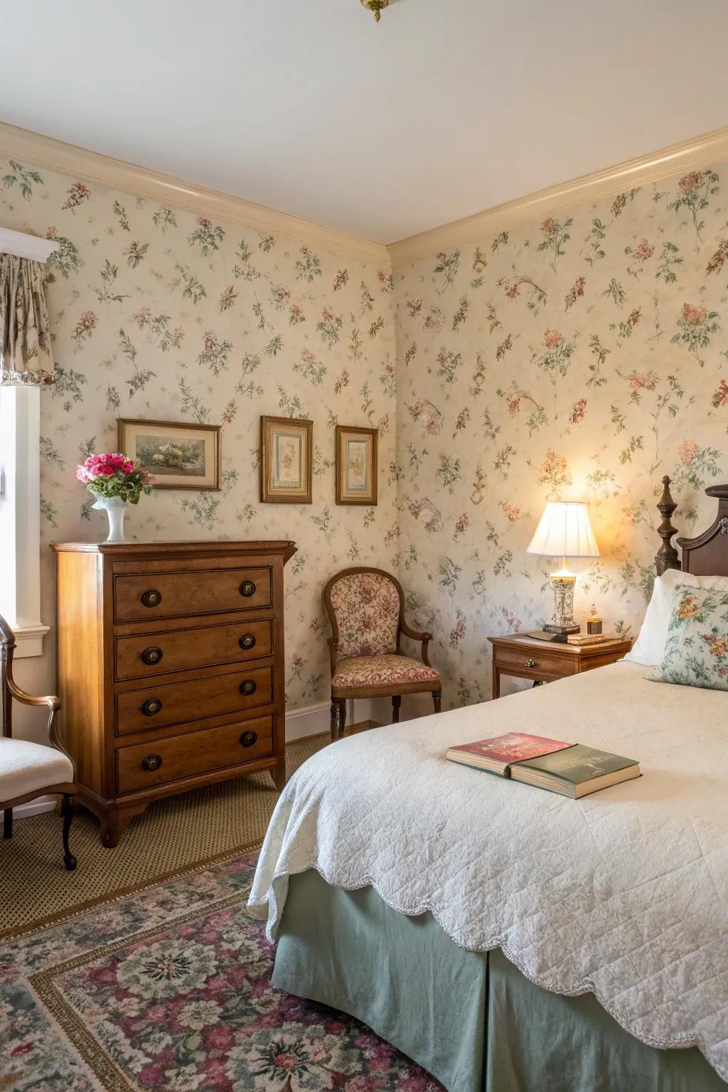 Vintage wallpaper creates a reminiscent ambiance.