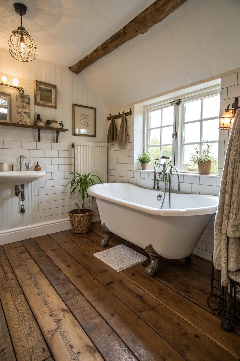 A freestanding tub makes for a striking focal point in a farmhouse bathroom.