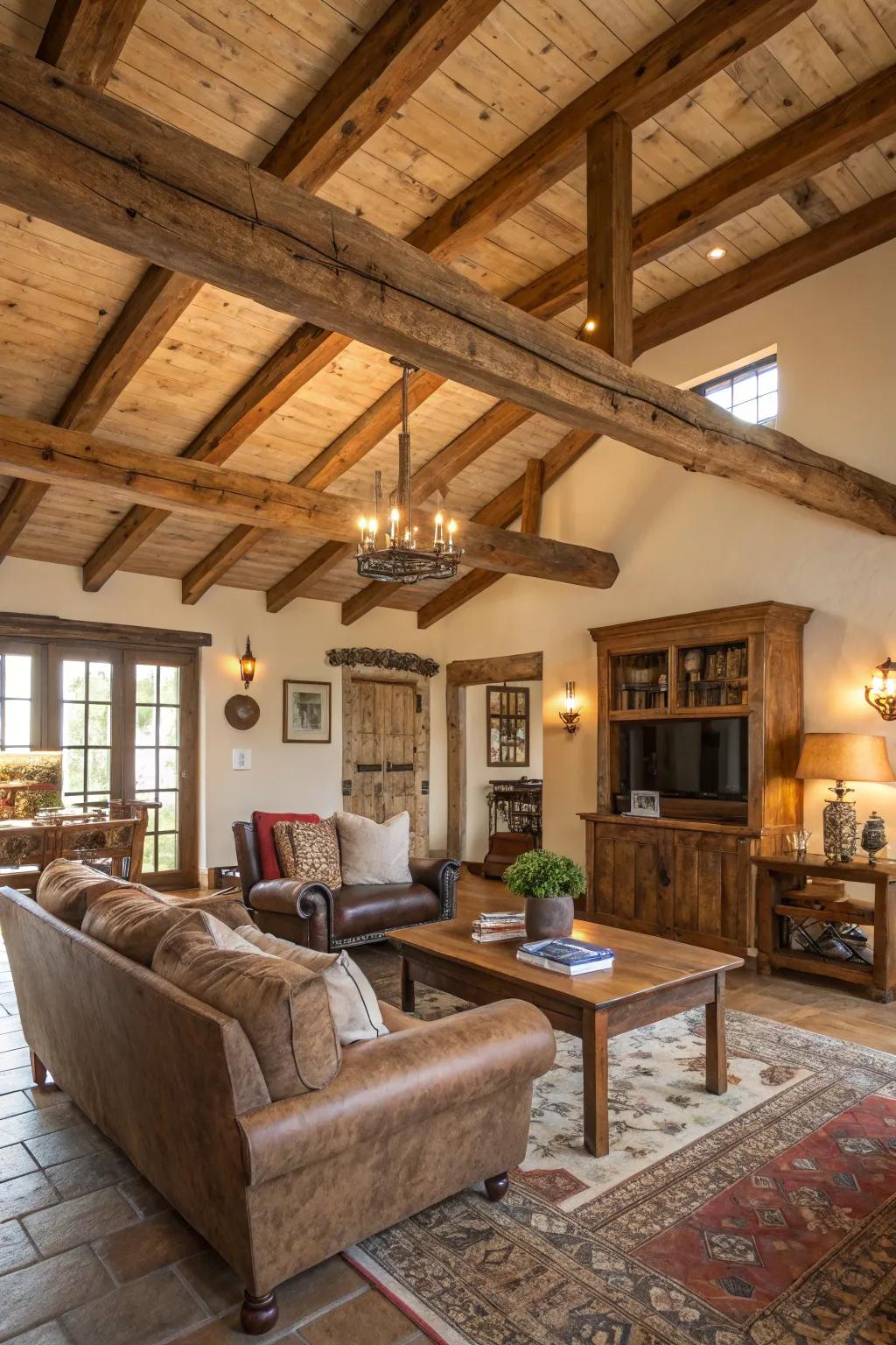Reclaimed wood ceilings enrich this farmhouse living room with character and history.