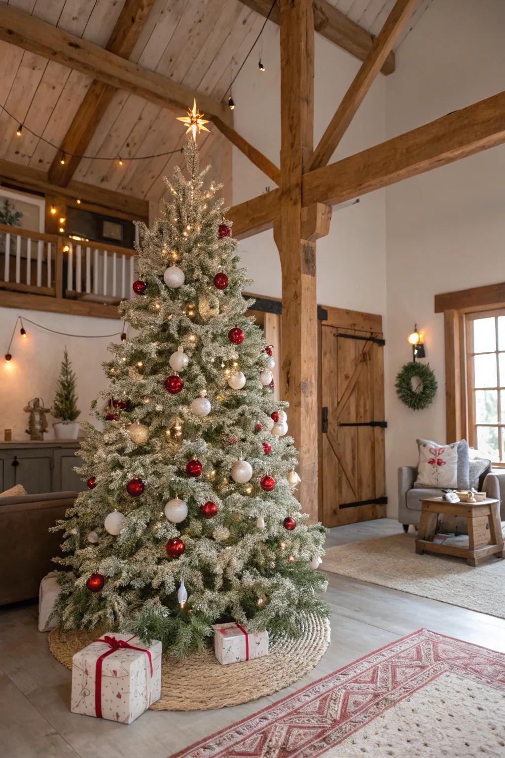 A subdued color theme begets a serene and refined farmhouse Christmas tree.