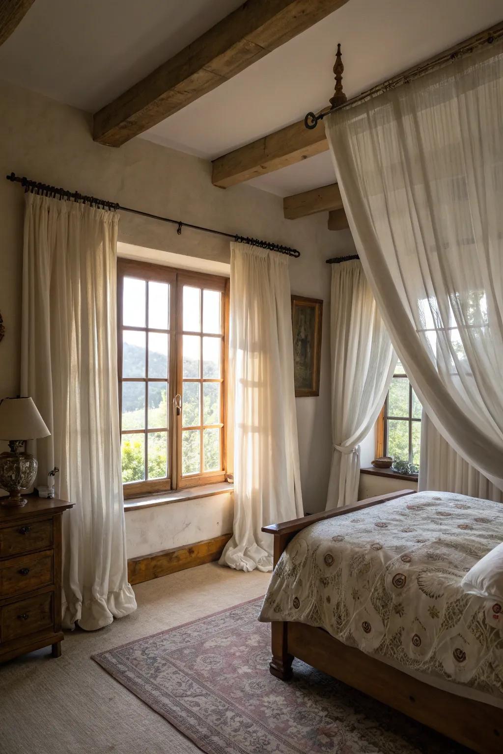 Layered see-through and heavy curtains creating depth in a farmhouse bedroom.