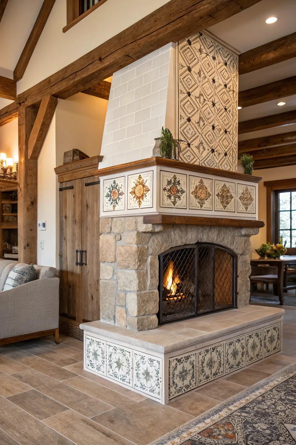 A textured farmhouse fireplace with mixed materials.